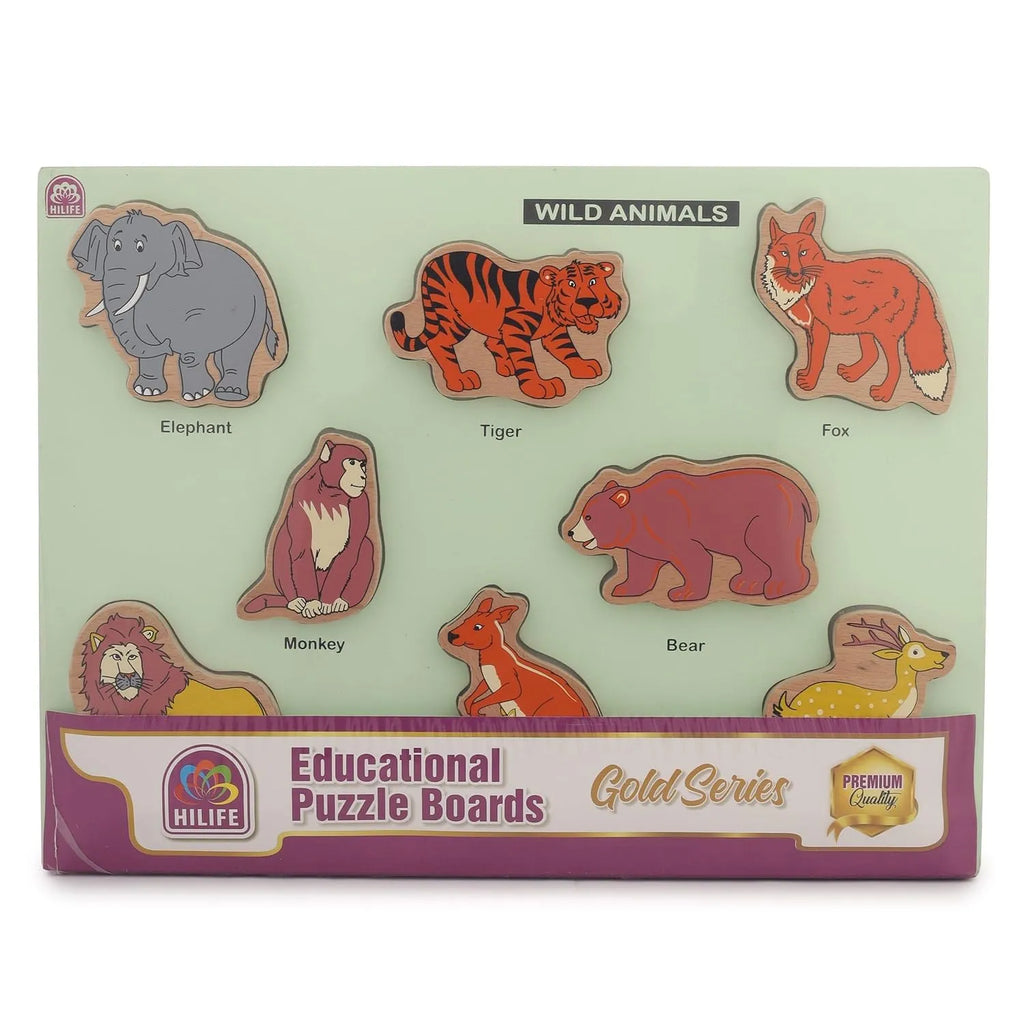 HILIFE Educational Wild Animals Puzzle Board - Gold Series | 8 Wooden Animal Puzzle Pieces for Toddlers (Age 3+) | Compact Early Learning Toy - Naivri
