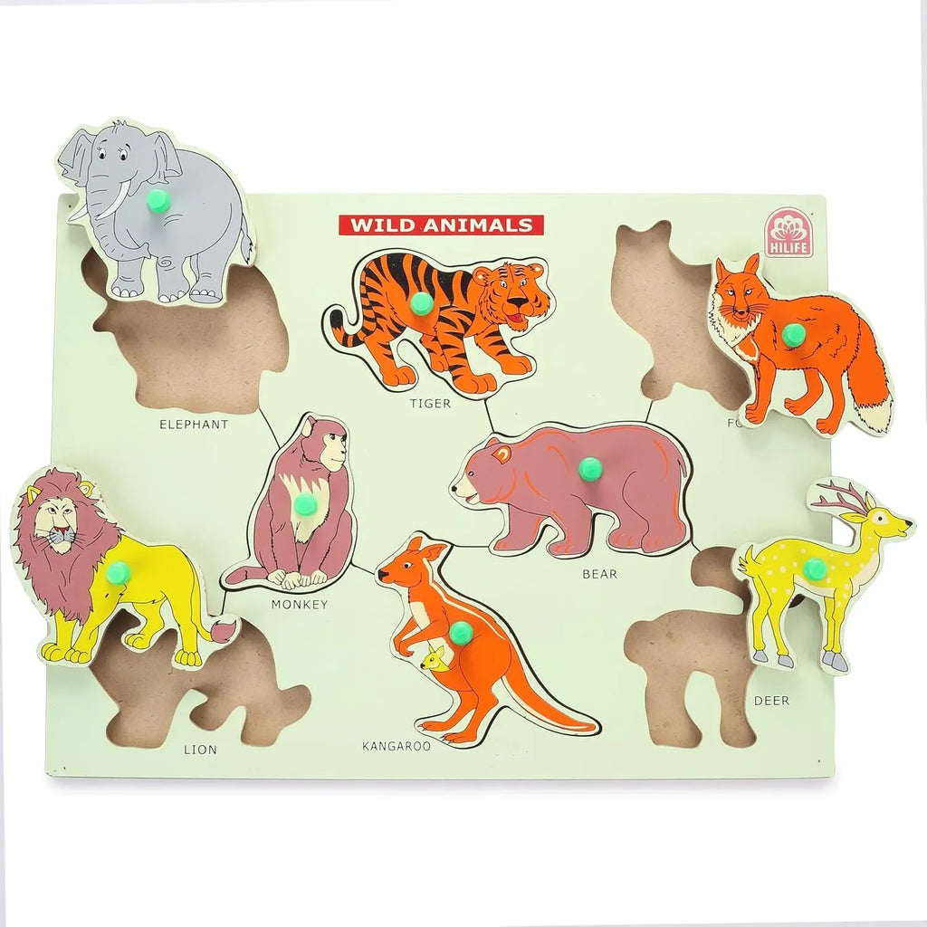 HILIFE Educational Wild Animals Puzzle Board, Gold Series – Wooden Peg Board for Toddlers and Kids (010) - Naivri