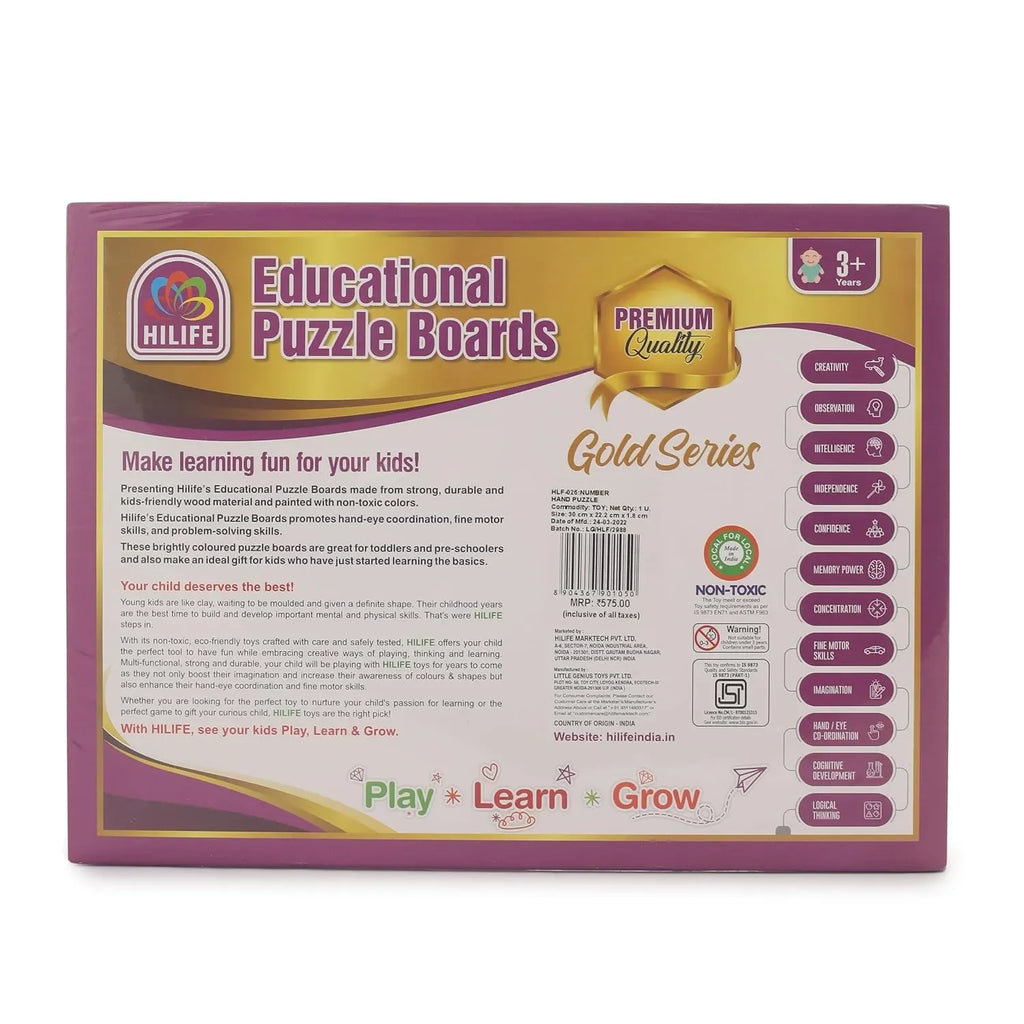 HILIFE Educational Wooden Hands Shape Number Puzzle Board – Gold Series | Numbers 1-10 for Toddlers (026) - Naivri