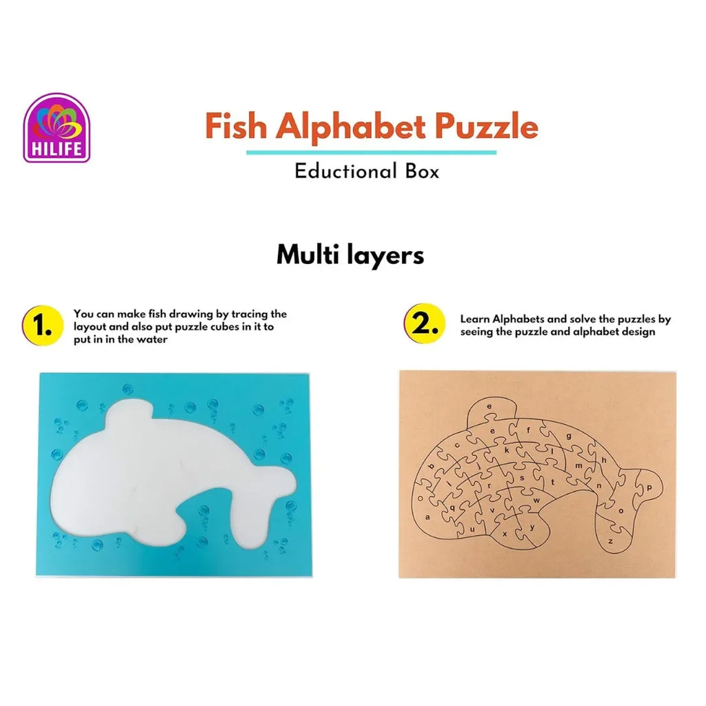 HILIFE Fish Alphabet Puzzle | Wooden Fish Alphabet Colorful Educational Puzzle Board for Toddlers & Kids – Multi-Colored Learning Toy for Kids 3 Years+ - Naivri