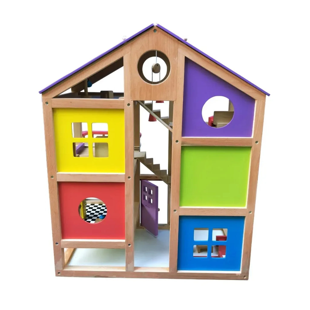 Hilife Fully Furnished Doll House for Kids | Wooden Pretend Playhouse with Rooms, Furniture & Accessories | Imaginative Toy for 3 Years and Above - Naivri
