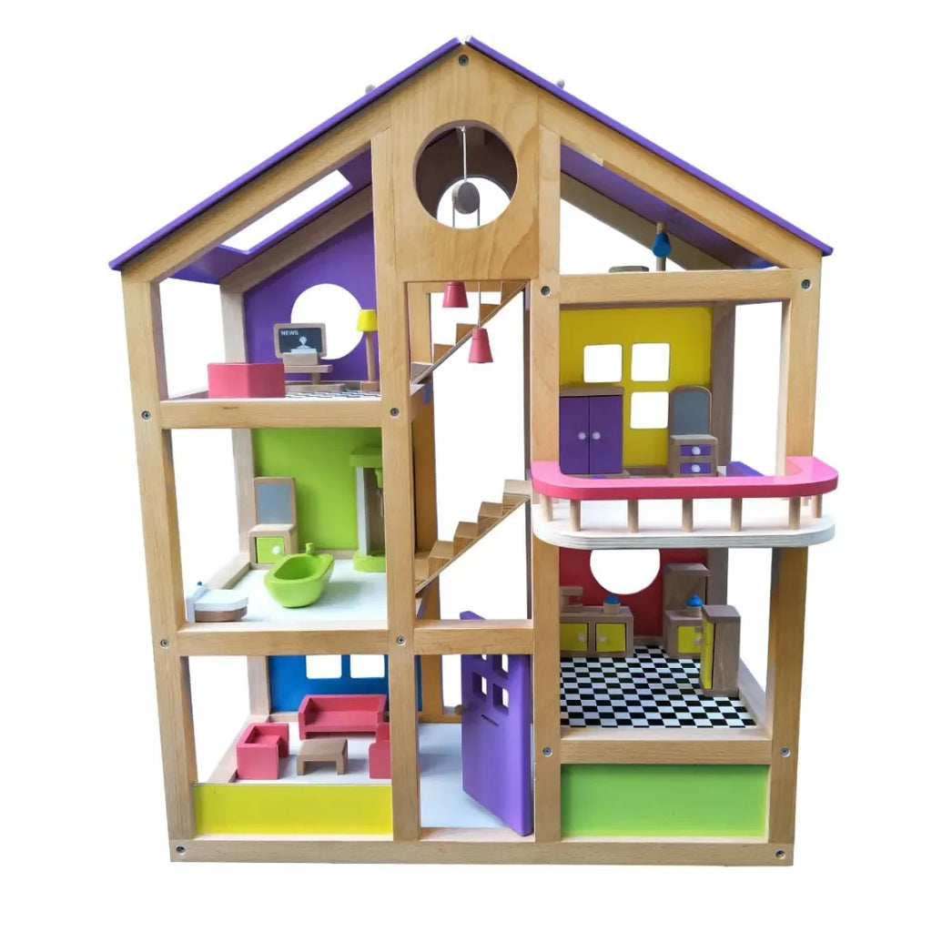 Hilife Fully Furnished Doll House for Kids | Wooden Pretend Playhouse with Rooms, Furniture & Accessories | Imaginative Toy for 3 Years and Above - Naivri