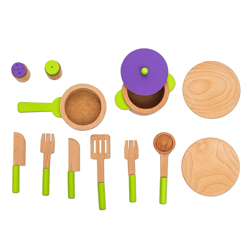 HILIFE Jr Master Chef's Gourmet Kitchen Set (13 Pieces) – Wooden Pretend Play Cooking Set for Kids with Accessories - Naivri