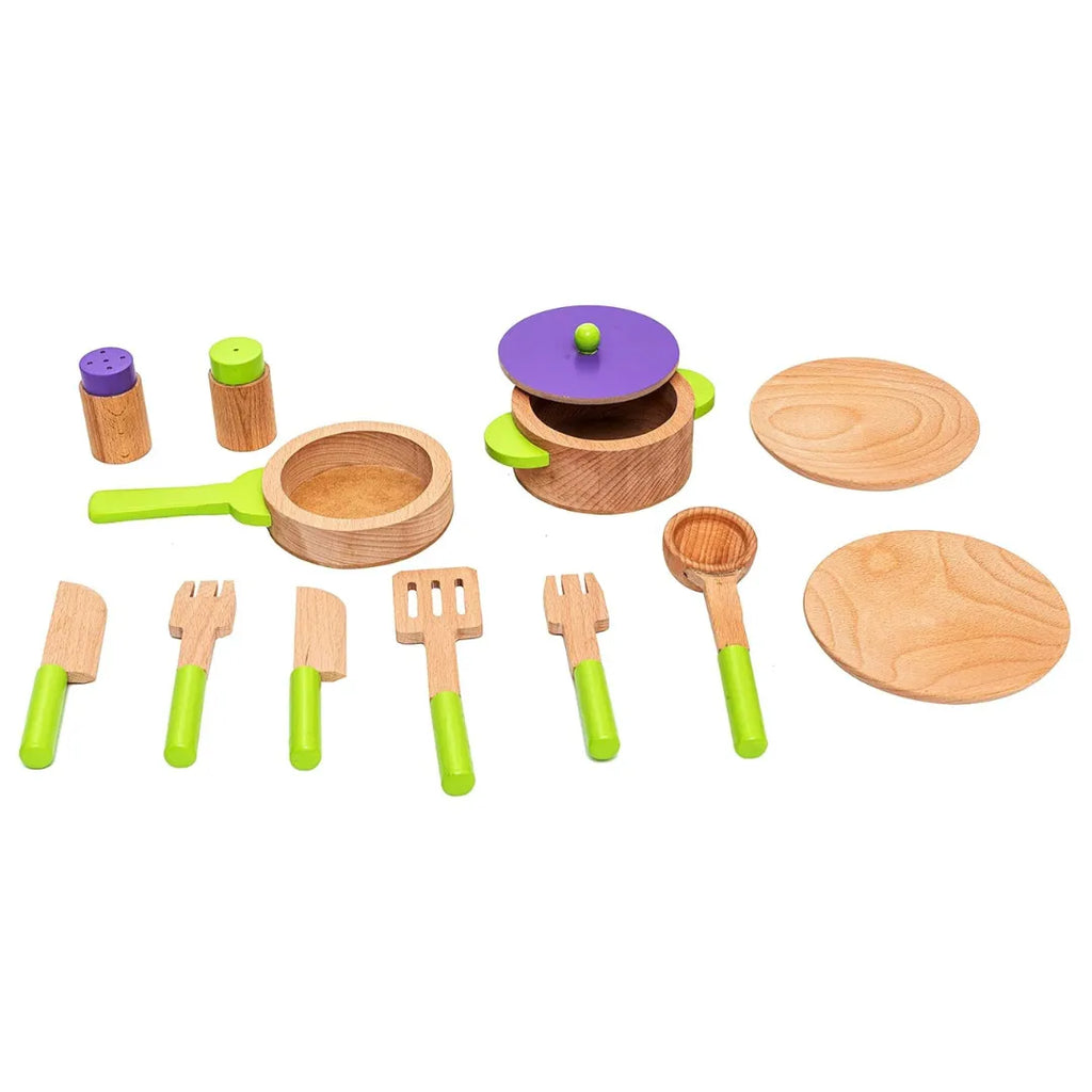 HILIFE Jr Master Chef's Gourmet Kitchen Set (13 Pieces) – Wooden Pretend Play Cooking Set for Kids with Accessories - Naivri