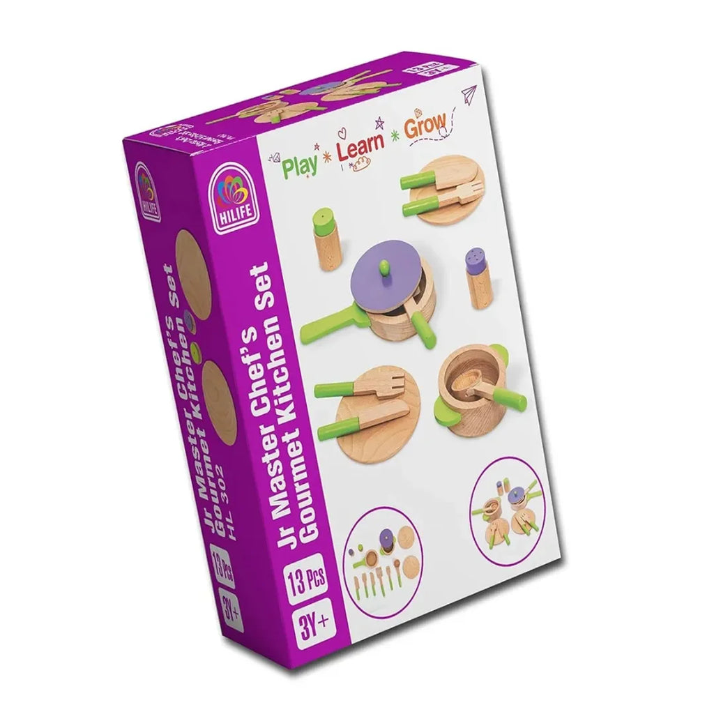 HILIFE Jr Master Chef's Gourmet Kitchen Set (13 Pieces) – Wooden Pretend Play Cooking Set for Kids with Accessories - Naivri