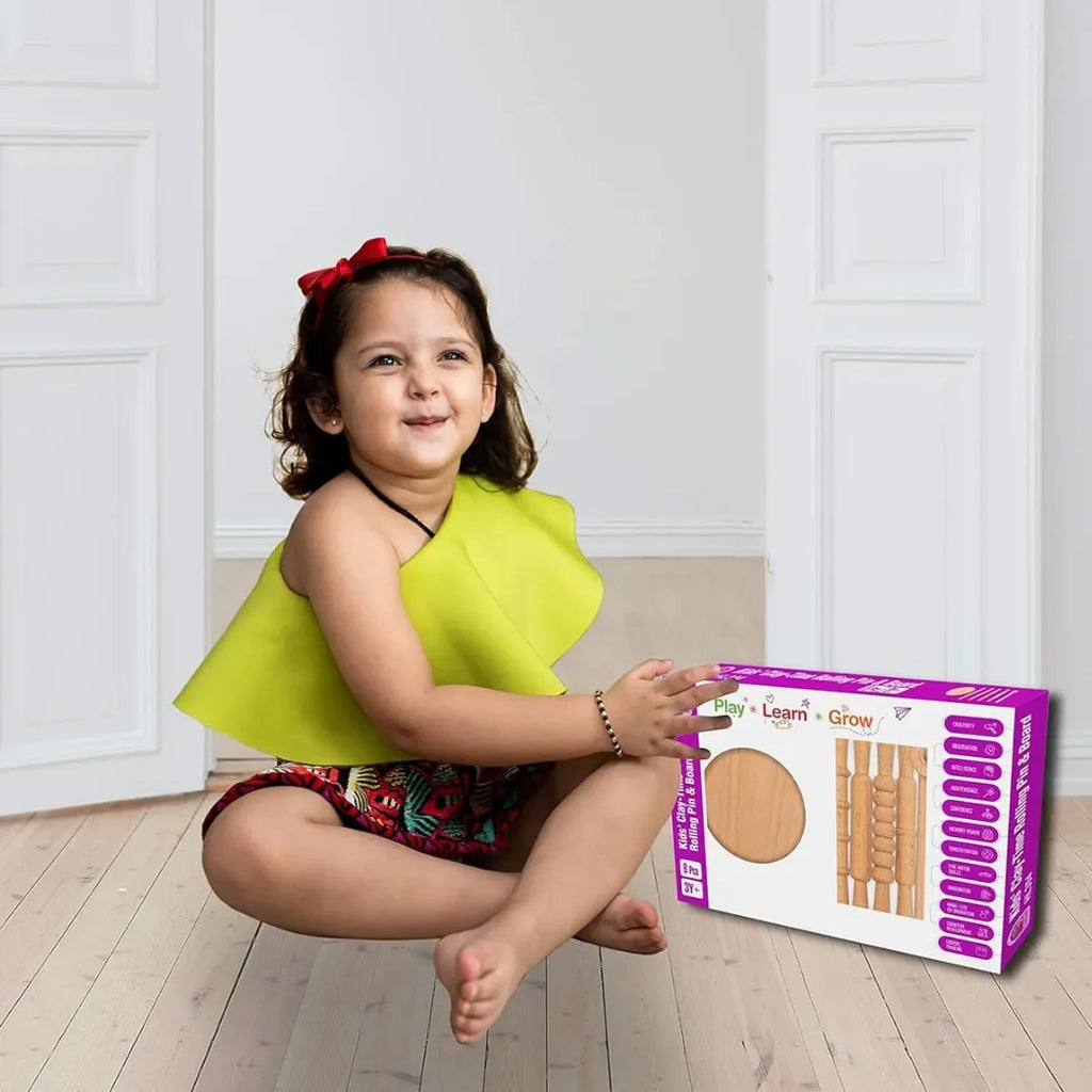 HILIFE Kids' Clay-Time Rolling Pin & Board Set (5 Pcs) – Wooden Chakla Belan Pretend Play Toy Set for Boys & Girls 3 Years+ - Naivri