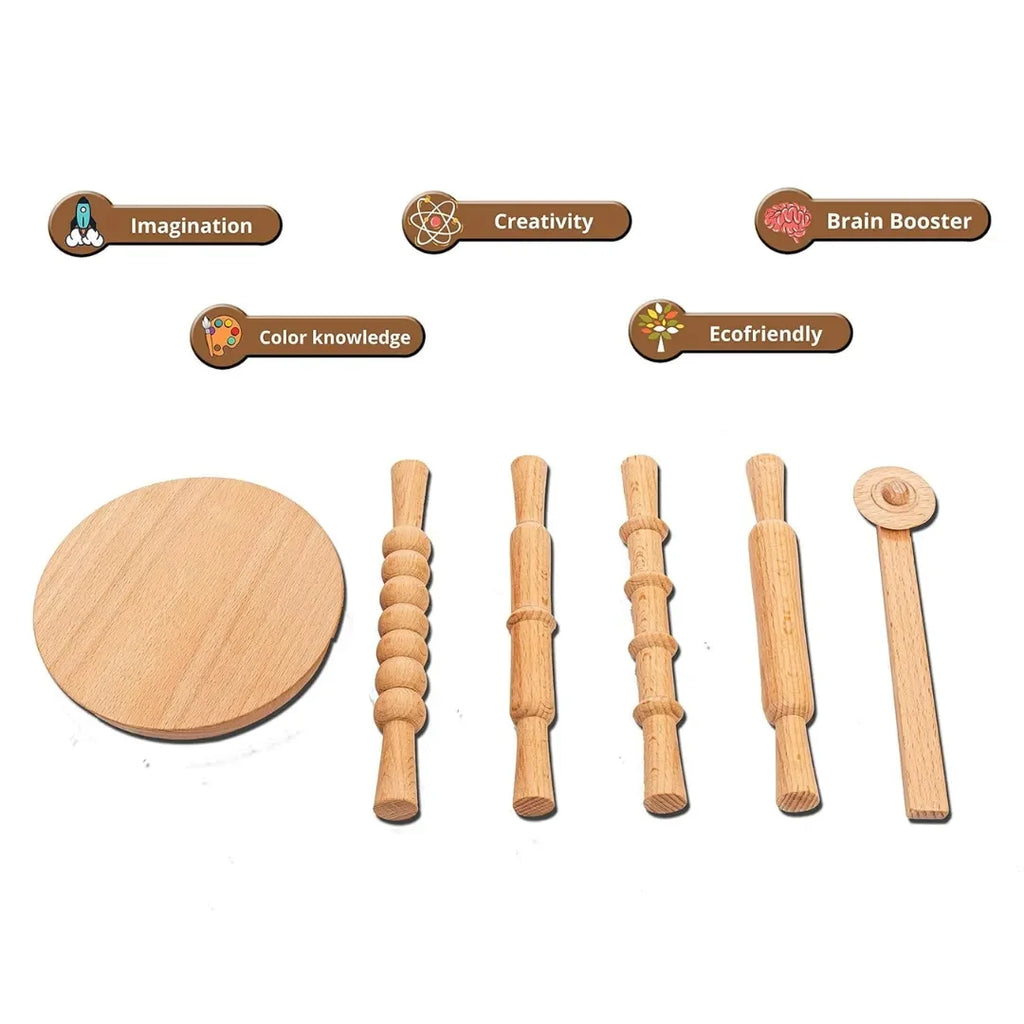 HILIFE Kids' Clay-Time Rolling Pin & Board Set (5 Pcs) – Wooden Chakla Belan Pretend Play Toy Set for Boys & Girls 3 Years+ - Naivri