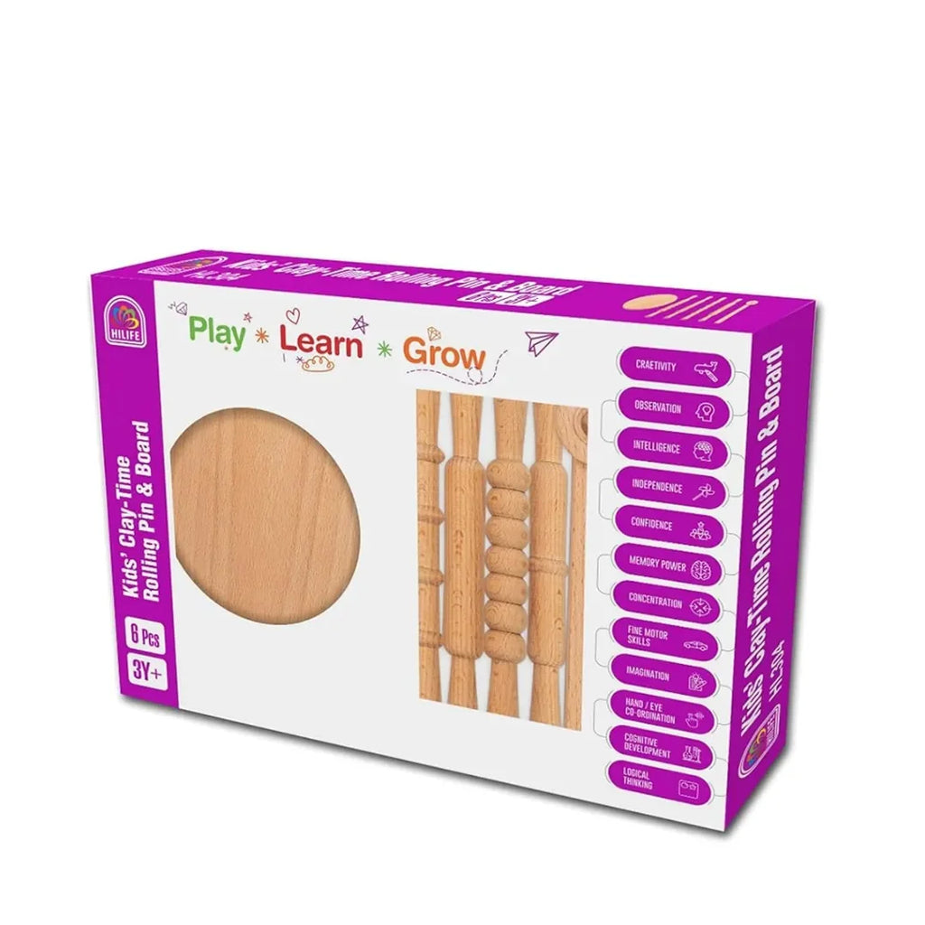 HILIFE Kids' Clay-Time Rolling Pin & Board Set (5 Pcs) – Wooden Chakla Belan Pretend Play Toy Set for Boys & Girls 3 Years+ - Naivri