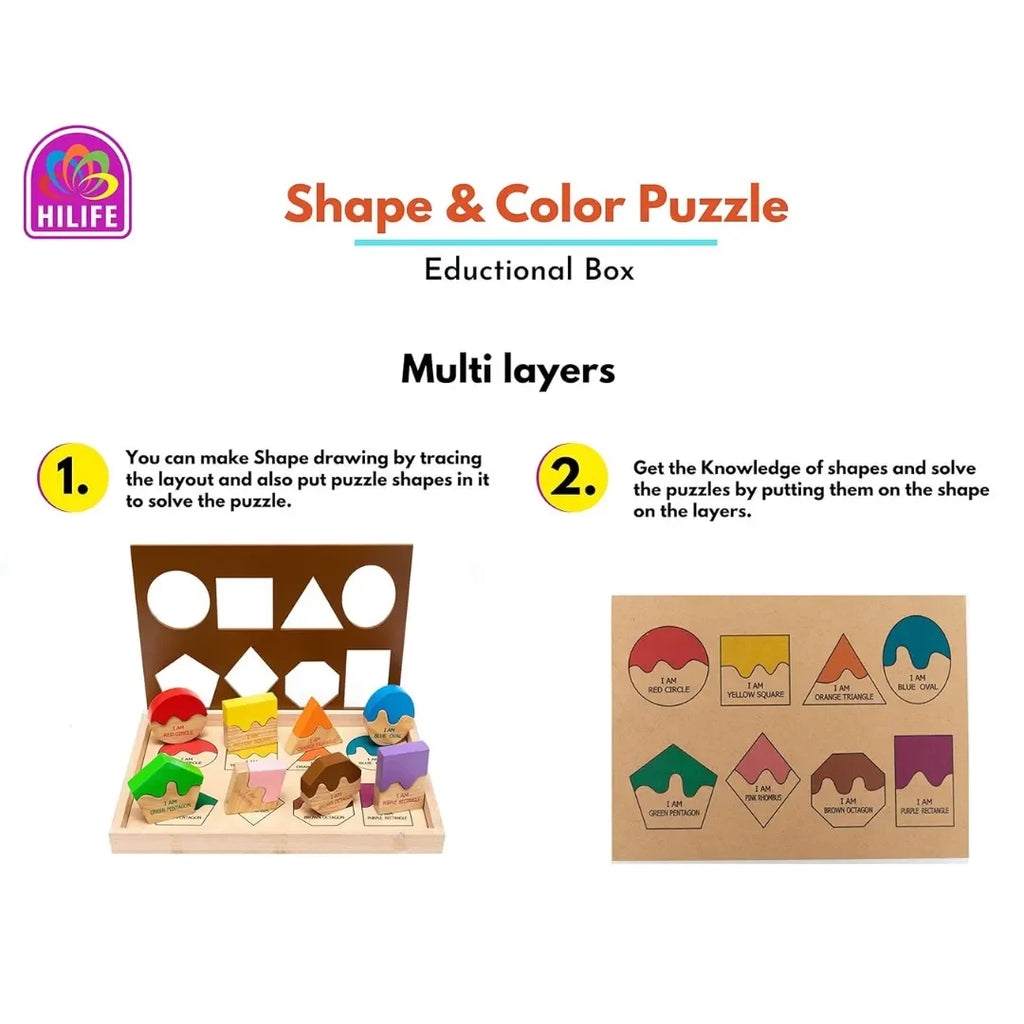HILIFE Match The Shape Puzzle for Kids | 3-Layer Wooden Color & Shape Recognition Educational Puzzle Board for Toddlers Age 3+ | Montessori-Inspired Learning Toy – Multicolour - Naivri