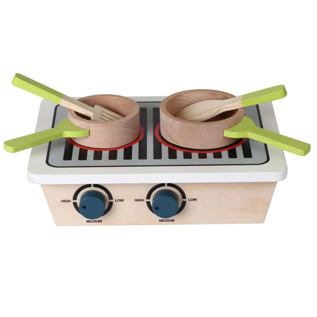 Hilife Mini Gas Stove Kitchen Set | Wooden Pretend Play Cooking Toy for Kids Age 3+ | 2 Pans, 2 Spatulas, Switches – Multicolor - Naivri