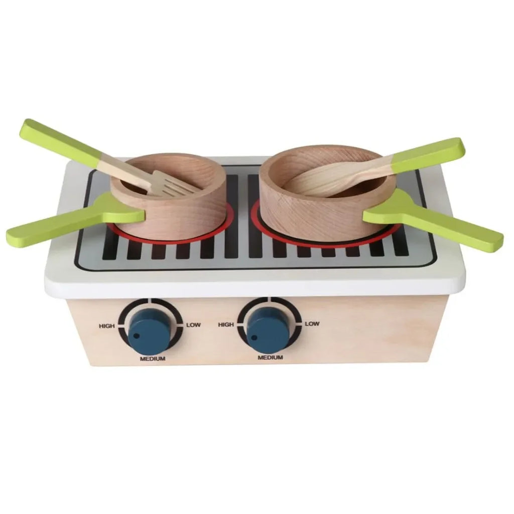 Hilife Mini Gas Stove Kitchen Set | Wooden Pretend Play Cooking Toy for Kids Age 3+ | 2 Pans, 2 Spatulas, Switches – Multicolor - Naivri