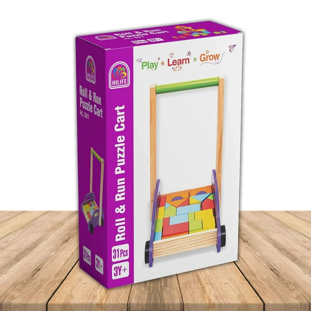 HILIFE Roll & Run Puzzle Cart Wooden Walker with Puzzle Blocks | Push & Pull Toy for Toddlers Age 3+ | Montessori-Inspired Activity Cart for Balance, Coordination & Motor Skills - Naivri