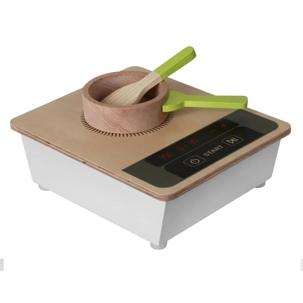 Hilife Tiny Induction Stove Set | Wooden Pretend Play Kitchen Toy for Kids | Digital Panel Design | Includes Pan & Spatula | Multicolor - Naivri