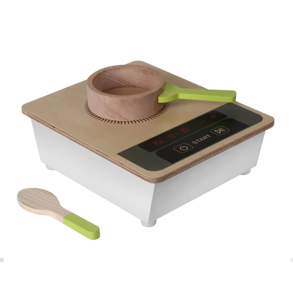 Hilife Tiny Induction Stove Set | Wooden Pretend Play Kitchen Toy for Kids | Digital Panel Design | Includes Pan & Spatula | Multicolor - Naivri