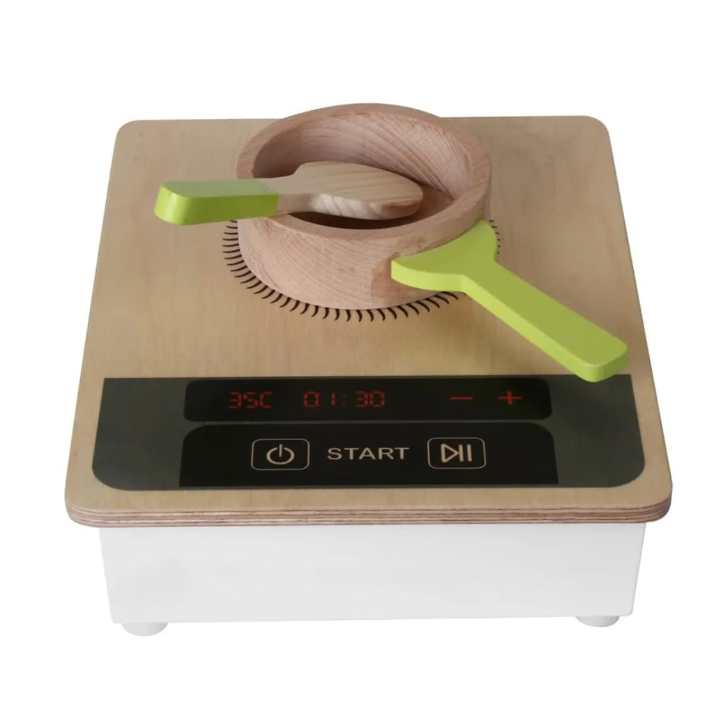 Hilife Tiny Induction Stove Set | Wooden Pretend Play Kitchen Toy for Kids | Digital Panel Design | Includes Pan & Spatula | Multicolor - Naivri
