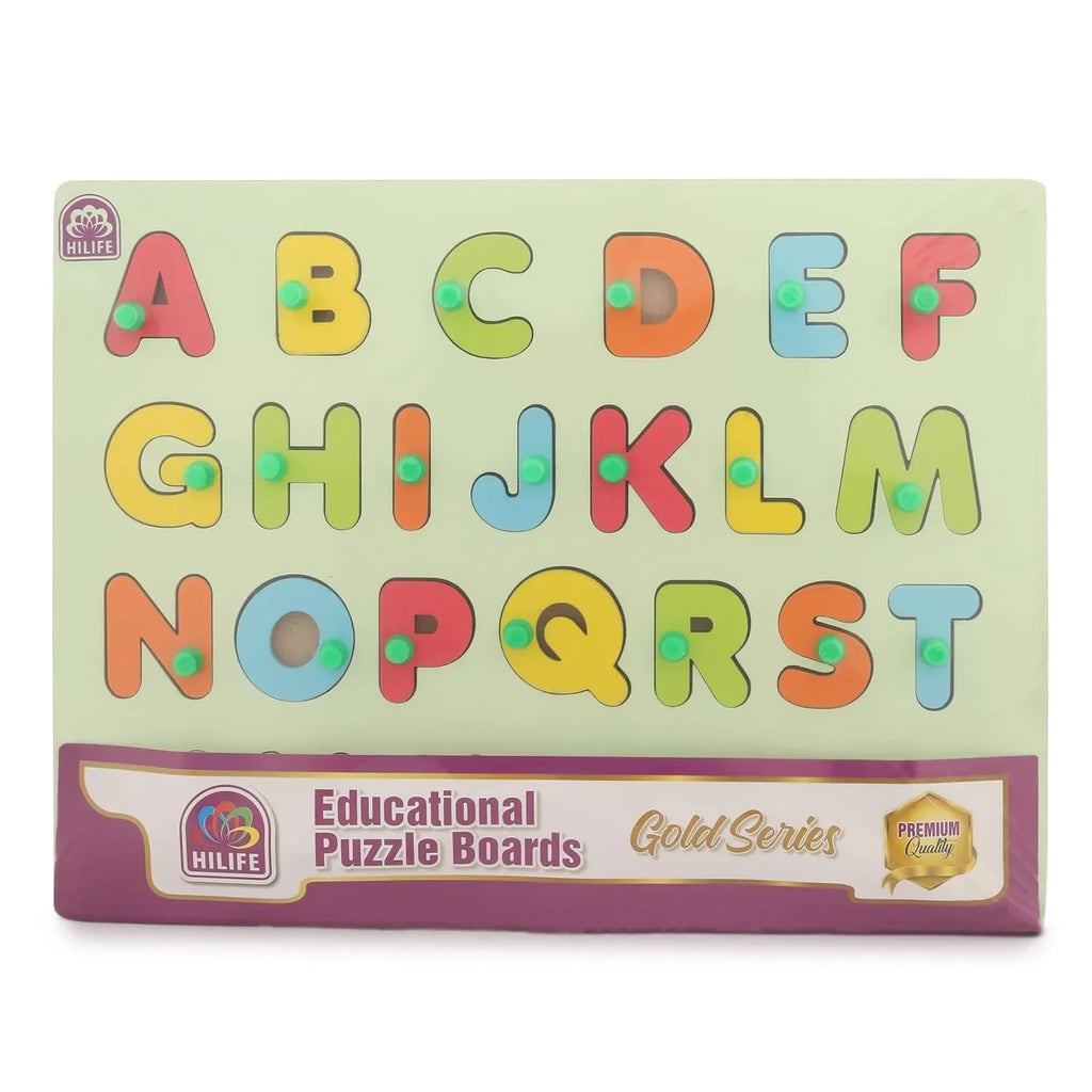 HILIFE Wooden Alphabet Puzzle Board – A to Z Letters – Gold Series Educational Toy with Pegs for Toddlers – Premium Learning Puzzle for Early Letter Recognition and Motor Skills Development - Naivri