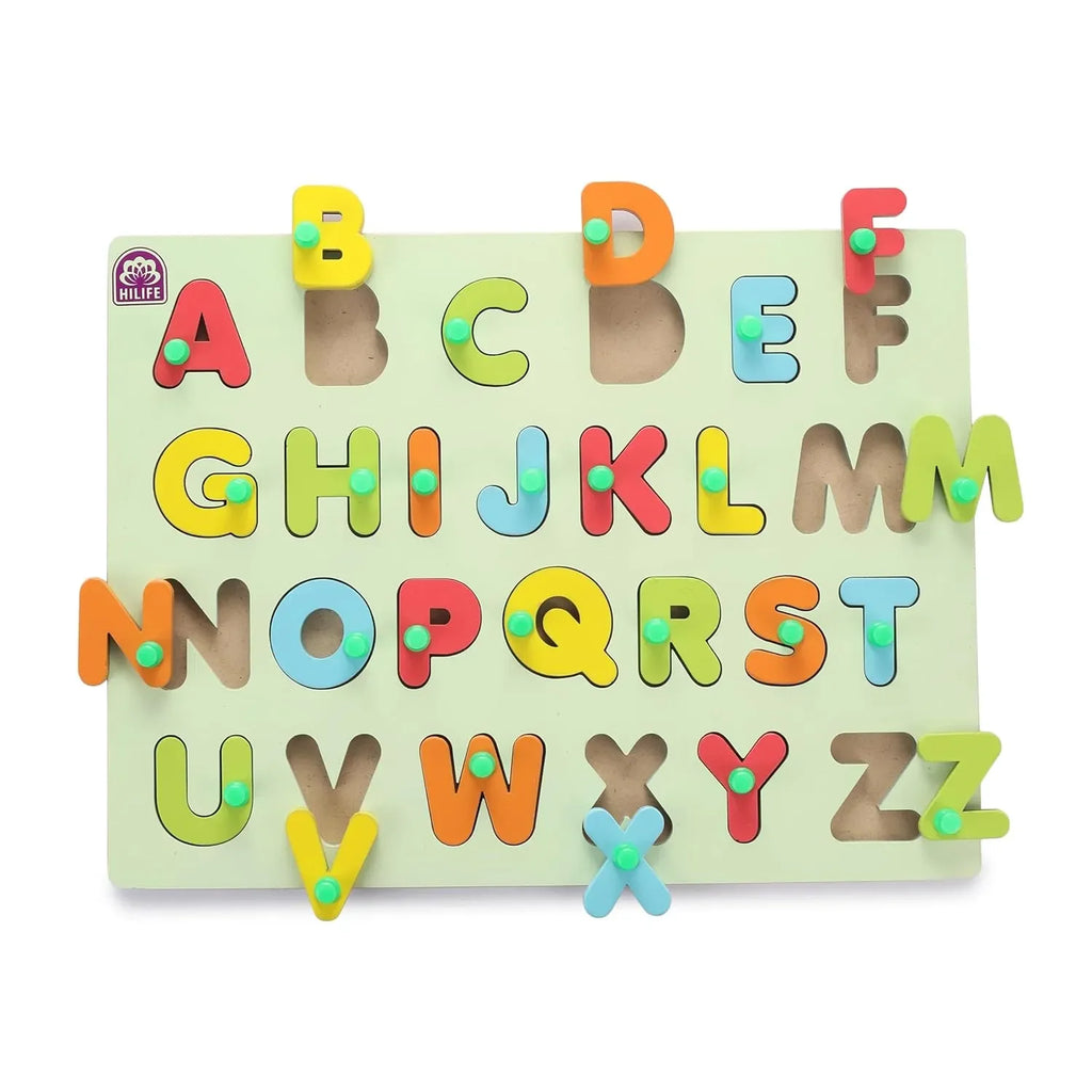 HILIFE Wooden Alphabet Puzzle Board – A to Z Letters – Gold Series Educational Toy with Pegs for Toddlers – Premium Learning Puzzle for Early Letter Recognition and Motor Skills Development - Naivri