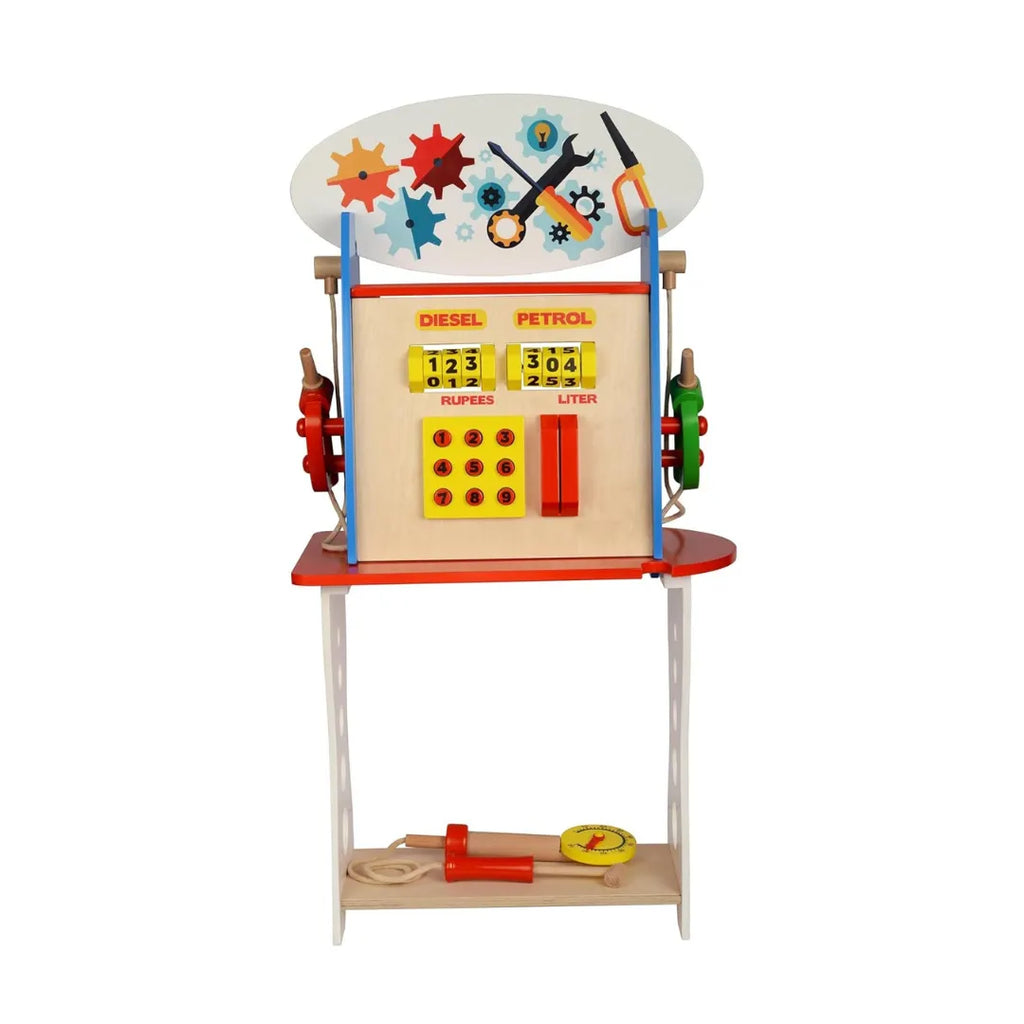 HILIFE Wooden Gas Station Pretend Play Set – Educational Toy for Kids with Number Keypad, Tools, and Gears - Naivri