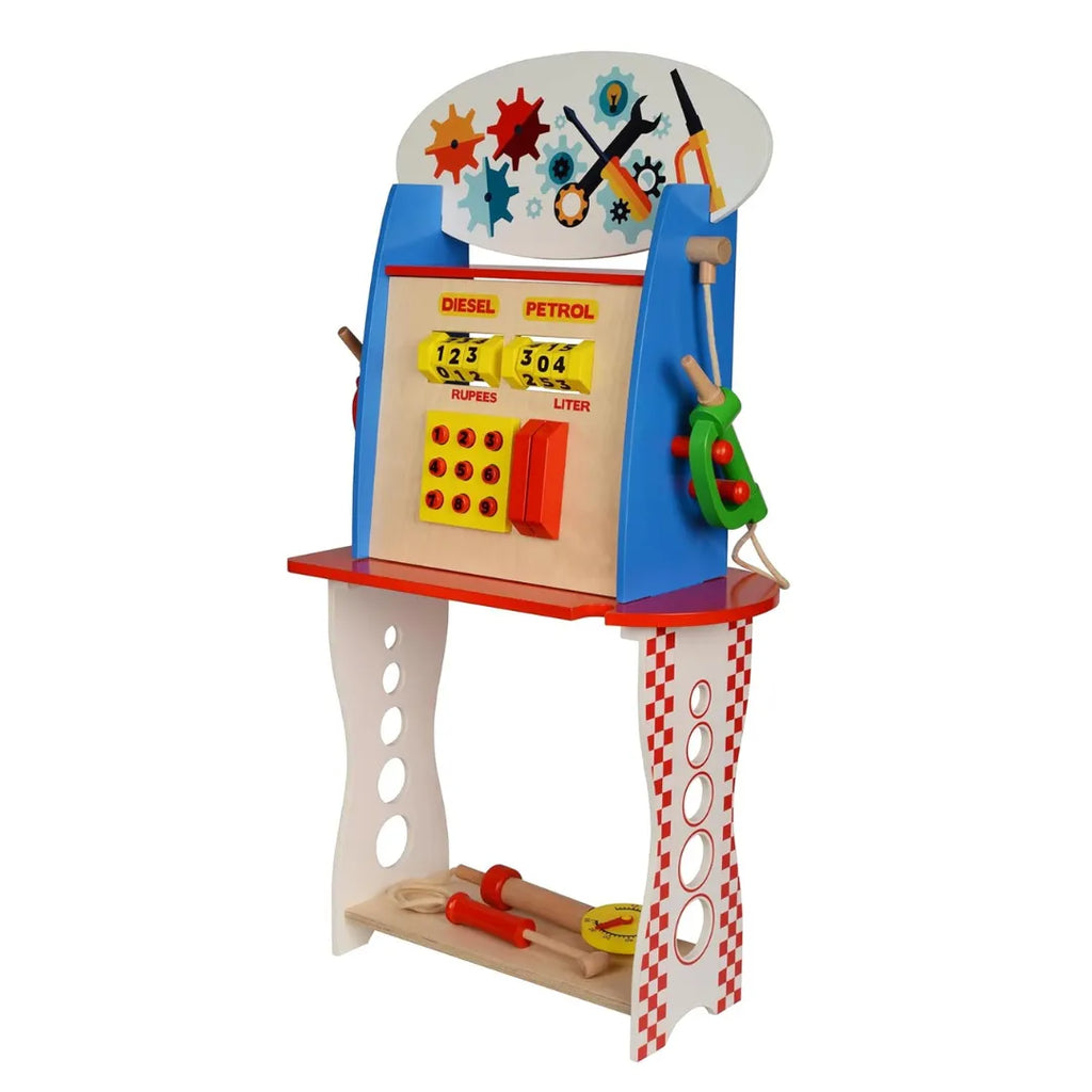 HILIFE Wooden Gas Station Pretend Play Set – Educational Toy for Kids with Number Keypad, Tools, and Gears - Naivri