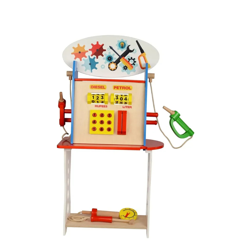 HILIFE Wooden Gas Station Pretend Play Set – Educational Toy for Kids with Number Keypad, Tools, and Gears - Naivri