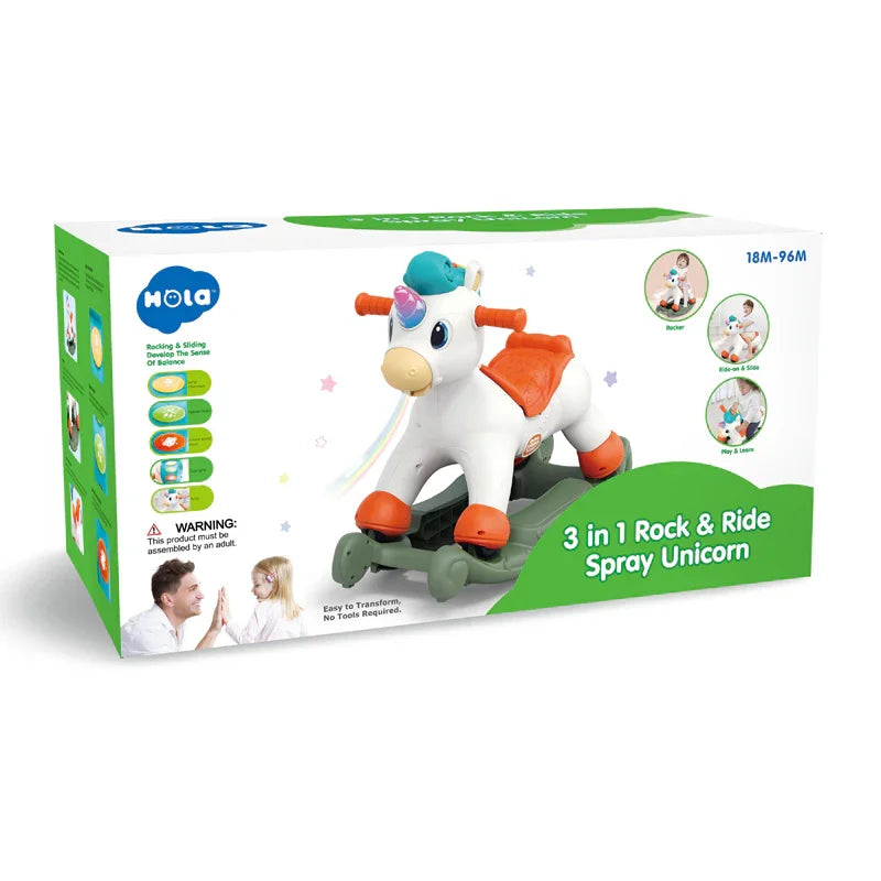 Hola HE898800 3-in-1 Rock & Ride Spray Unicorn – Interactive Ride-On Toy for Toddlers - Naivri