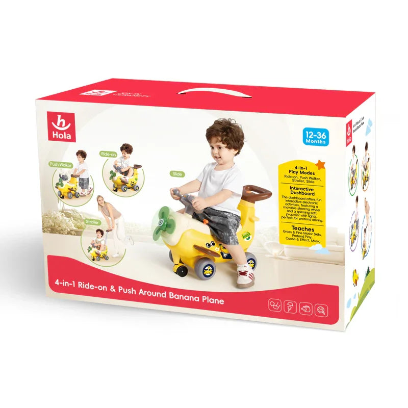 Hola HE9983 4-in-1 Ride-on & Push Around Banana Plane – Multifunctional Toddler Ride-On Toy - Naivri