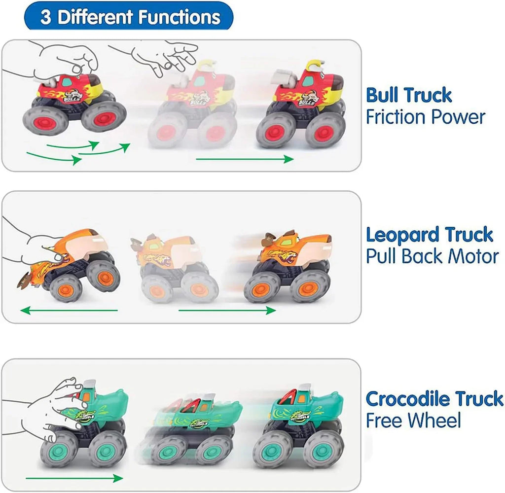 Hola Monster Truck Toy Cars Set – 3 Pack Pull Back & Push n Go Vehicles for Toddlers Ages 1–3 - Naivri