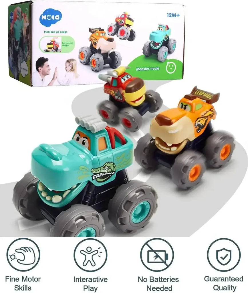 Hola Monster Truck Toy Cars Set – 3 Pack Pull Back & Push n Go Vehicles for Toddlers Ages 1–3 - Naivri