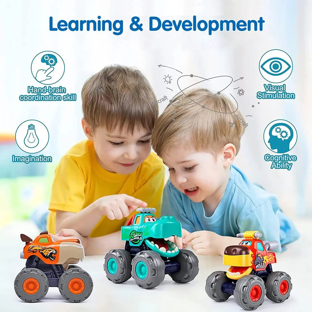Hola Monster Truck Toy Cars Set – 3 Pack Pull Back & Push n Go Vehicles for Toddlers Ages 1–3 - Naivri