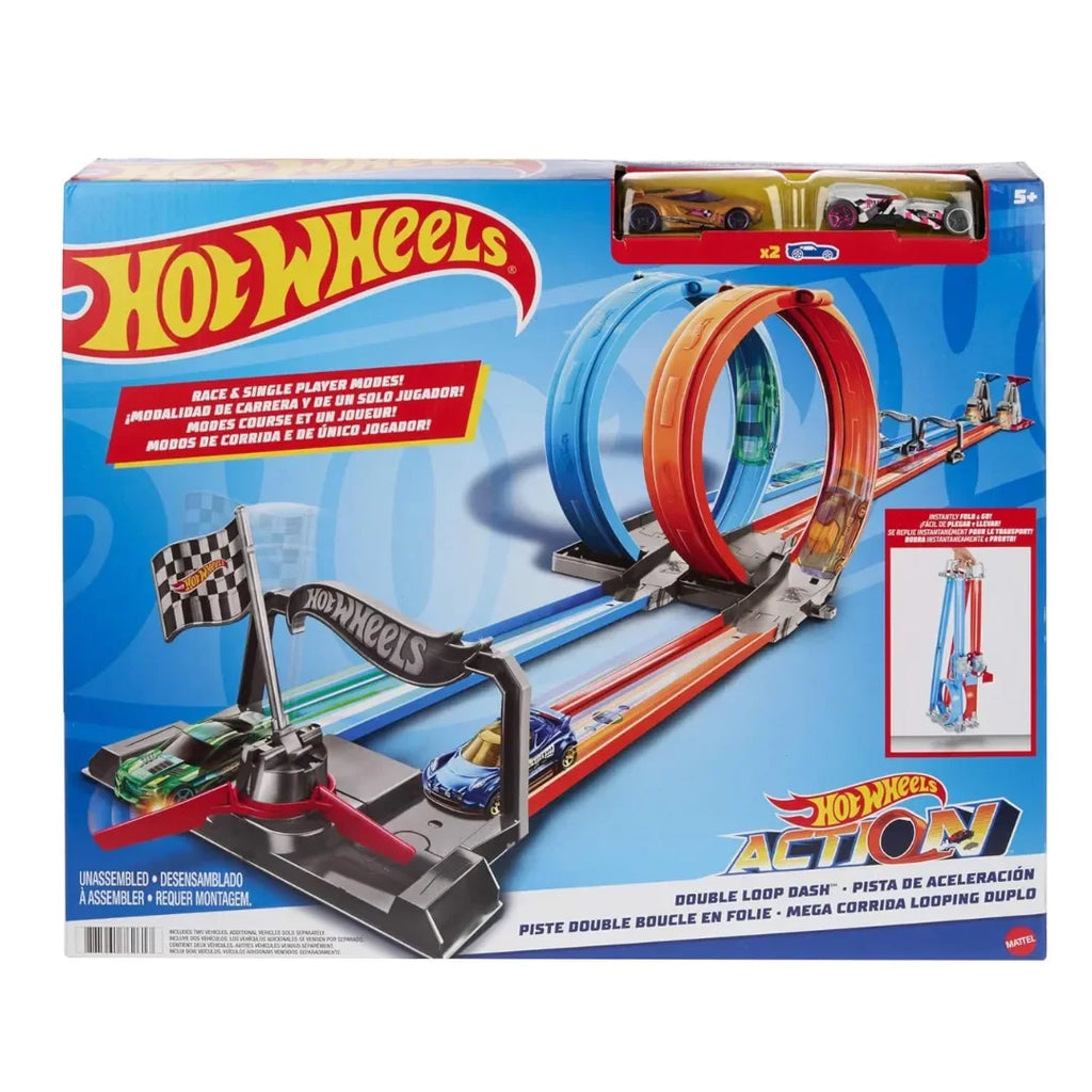 Hot Wheels Double Loop Dash GFH85 – Dual Loop Drag Race Track Set with Launcher & Winner Flag | 12+ ft Track | Includes 1 Hot Wheels Car - Naivri