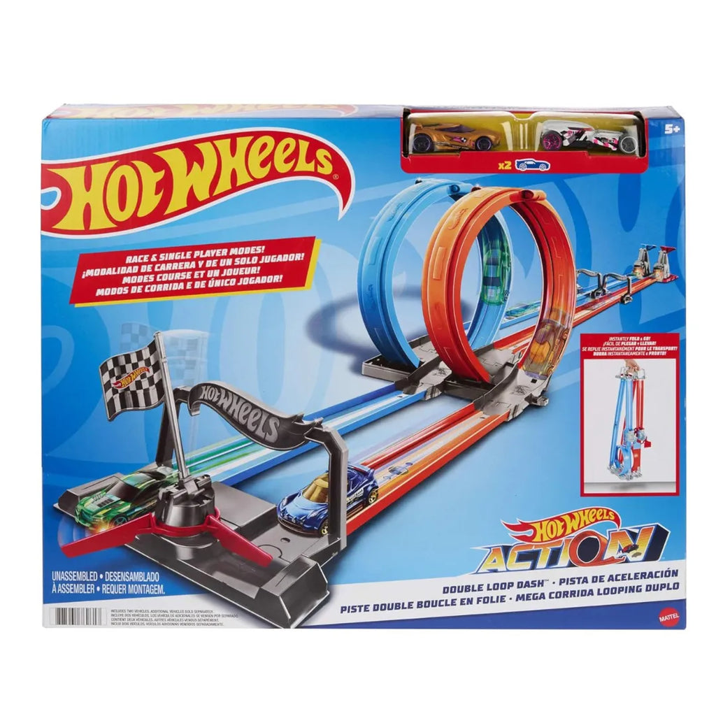 Hot Wheels Double Loop Dash GFH85 – Dual Loop Drag Race Track Set with Launcher & Winner Flag | 12+ ft Track | Includes 1 Hot Wheels Car - Naivri