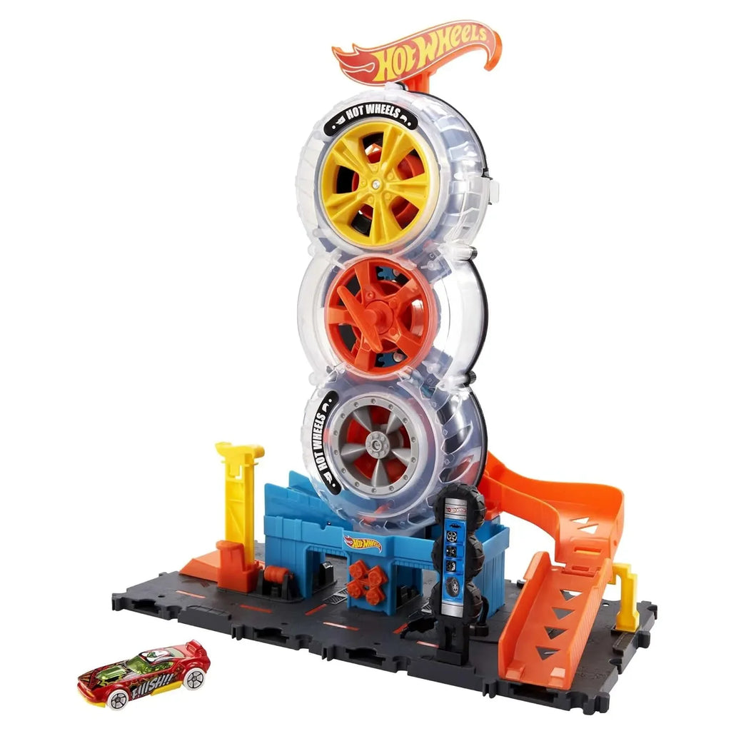 Hot Wheels Super Twist Tire Shop HDP02 – Spinning Tire Playset with Lift Mechanism, Twisting Action & 1 Vehicle | Connects to Other Hot Wheels Tracks - Naivri