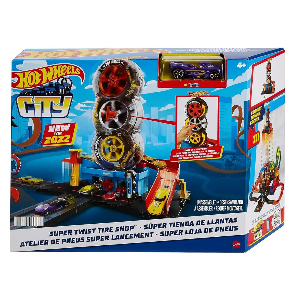 Hot Wheels Super Twist Tire Shop HDP02 – Spinning Tire Playset with Lift Mechanism, Twisting Action & 1 Vehicle | Connects to Other Hot Wheels Tracks - Naivri
