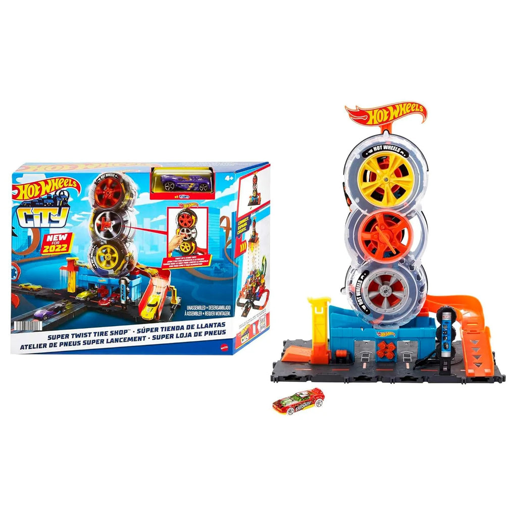 Hot Wheels Super Twist Tire Shop HDP02 – Spinning Tire Playset with Lift Mechanism, Twisting Action & 1 Vehicle | Connects to Other Hot Wheels Tracks - Naivri