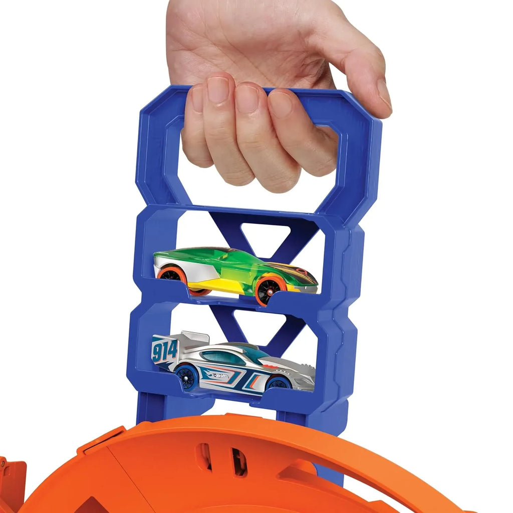 Hot Wheels Whip Around Raceway HTK17 – Looping Circuit Track Set with Dual Launchers & Crash Zone | Includes 2 Cars | Foldable Carry Case - Naivri
