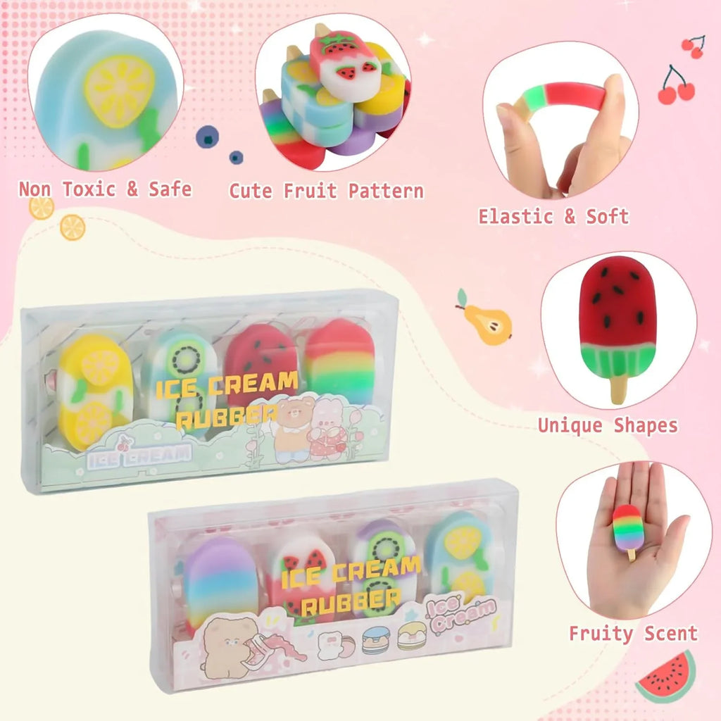 Ice Cream Delight Eraser Set – Cute Fruit-Themed Non-PVC Erasers for Kids 3+ - Naivri
