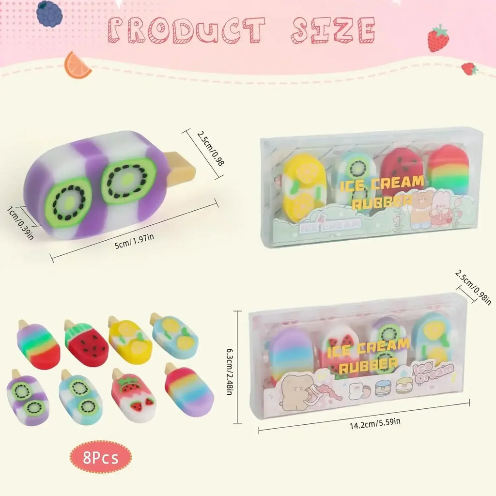 Ice Cream Delight Eraser Set – Cute Fruit-Themed Non-PVC Erasers for Kids 3+ - Naivri