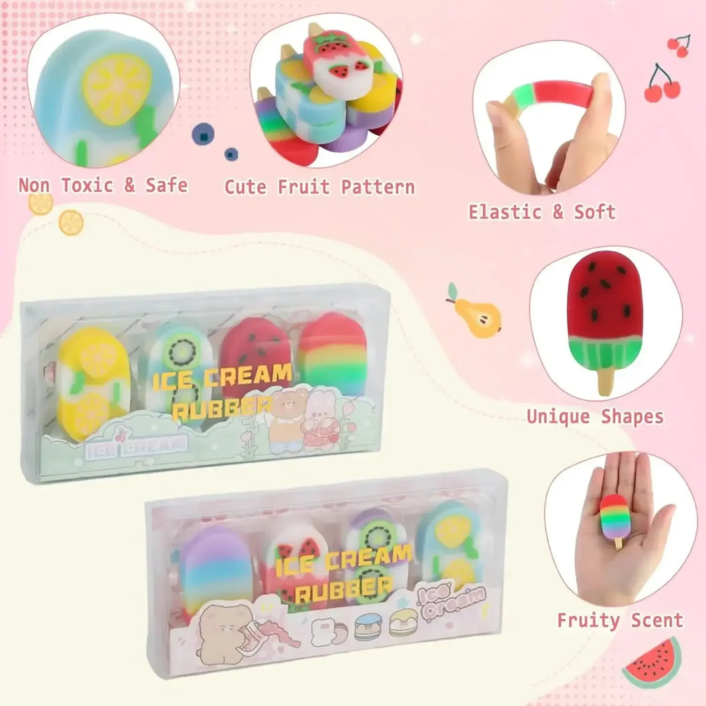 Ice Cream Delight Eraser Set – Cute Fruit-Themed Non-PVC Erasers for Kids 3+ - Naivri