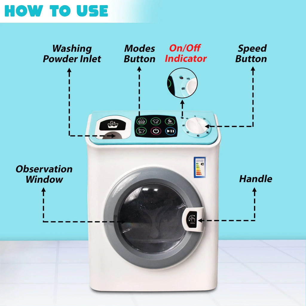 ILEARNNGROW Mini Washing Machine Pretend Play Toy with Light & Realistic Sound for Kids - Naivri