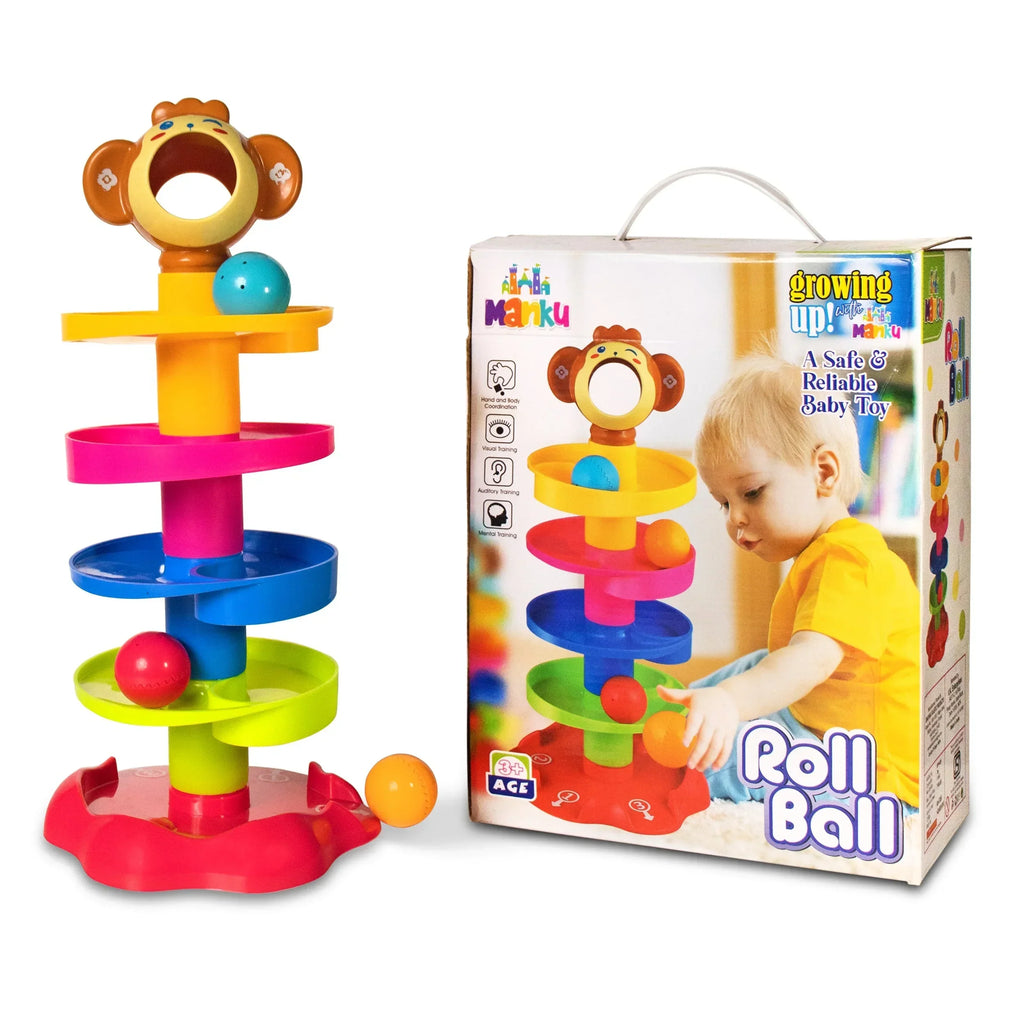 ILEARNNGROW Monkey Ball Drop Toy for Babies and Toddlers | New 5 Layer Tower Run with Swirling Ramps and 3 Puzzle Rattle Balls - Naivri