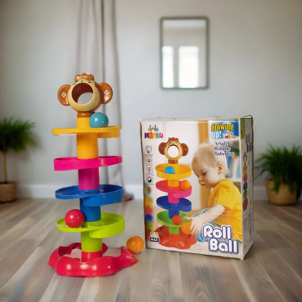 ILEARNNGROW Monkey Ball Drop Toy for Babies and Toddlers | New 5 Layer Tower Run with Swirling Ramps and 3 Puzzle Rattle Balls - Naivri