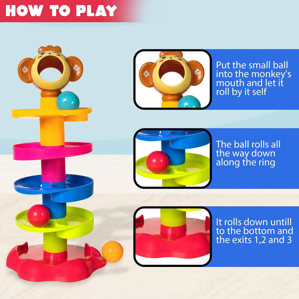 ILEARNNGROW Monkey Ball Drop Toy for Babies and Toddlers | New 5 Layer Tower Run with Swirling Ramps and 3 Puzzle Rattle Balls - Naivri