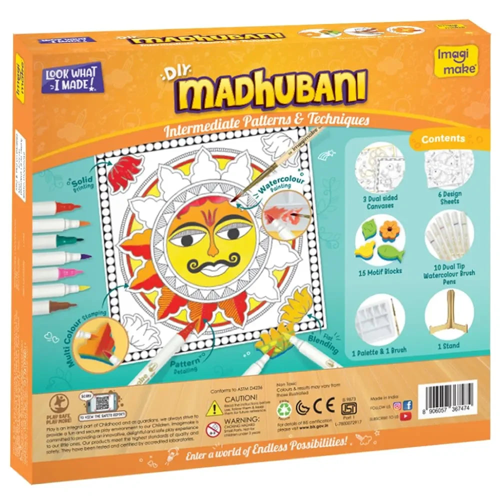 Imagimake DIY Madhubani Art Kit | Paint 12 Traditional Madhubani Designs | Water Brush Pens & Block Printing | Art & Craft Kit for Kids & Adults | Age 8+ Years - Naivri