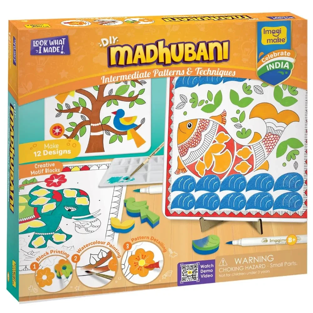 Imagimake DIY Madhubani Art Kit | Paint 12 Traditional Madhubani Designs | Water Brush Pens & Block Printing | Art & Craft Kit for Kids & Adults | Age 8+ Years - Naivri