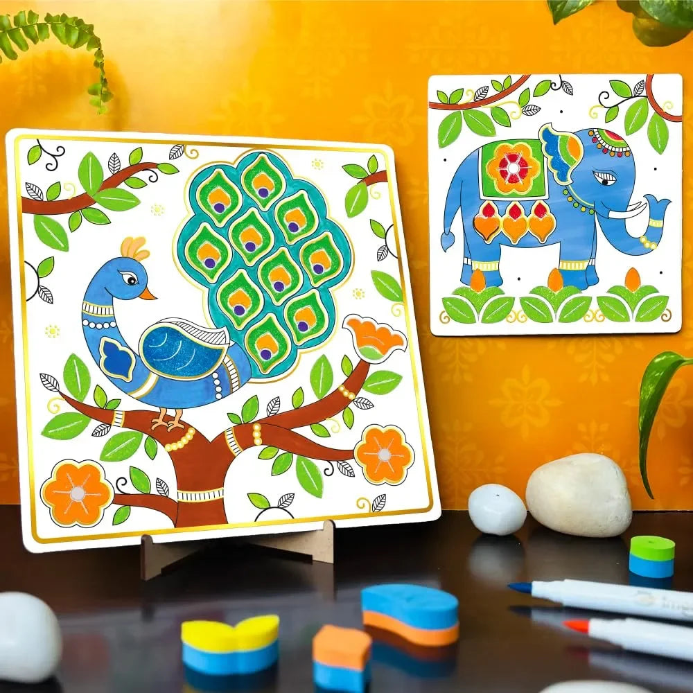 Imagimake DIY Madhubani Art Kit | Paint 12 Traditional Madhubani Designs | Water Brush Pens & Block Printing | Art & Craft Kit for Kids & Adults | Age 8+ Years - Naivri