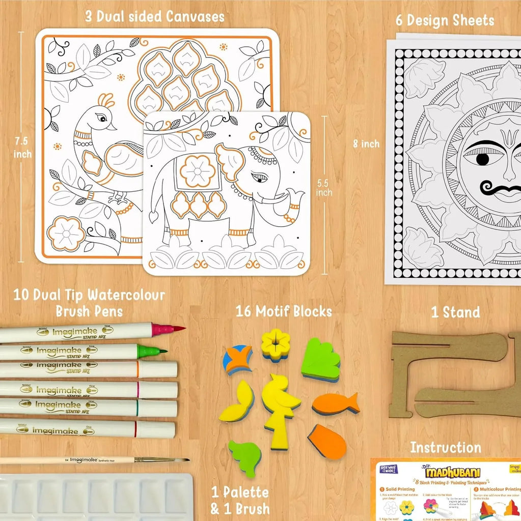 Imagimake DIY Madhubani Art Kit | Paint 12 Traditional Madhubani Designs | Water Brush Pens & Block Printing | Art & Craft Kit for Kids & Adults | Age 8+ Years - Naivri