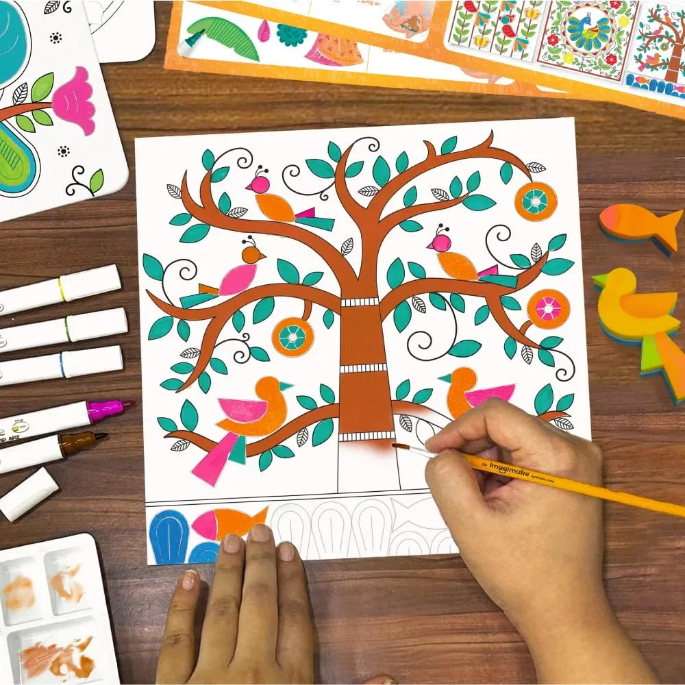 Imagimake DIY Madhubani Art Kit | Paint 12 Traditional Madhubani Designs | Water Brush Pens & Block Printing | Art & Craft Kit for Kids & Adults | Age 8+ Years - Naivri