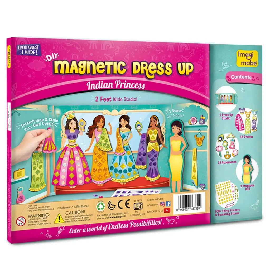 Imagimake DIY Magnetic Dress-Up Indian Princess | 30 Magnetic Dresses & Accessories | Pretend Play Toy for Girls Ages 3 to 7 | Custom Outfit Design & Studio Decoration Kit - Naivri