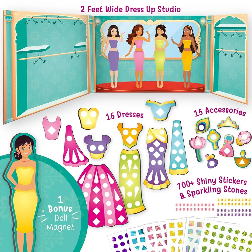 Imagimake DIY Magnetic Dress-Up Indian Princess | 30 Magnetic Dresses & Accessories | Pretend Play Toy for Girls Ages 3 to 7 | Custom Outfit Design & Studio Decoration Kit - Naivri