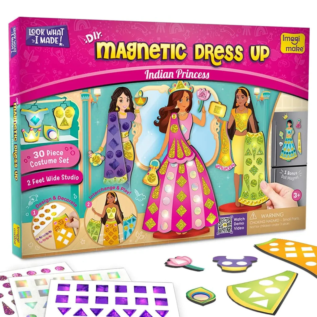 Imagimake DIY Magnetic Dress-Up Indian Princess | 30 Magnetic Dresses & Accessories | Pretend Play Toy for Girls Ages 3 to 7 | Custom Outfit Design & Studio Decoration Kit - Naivri